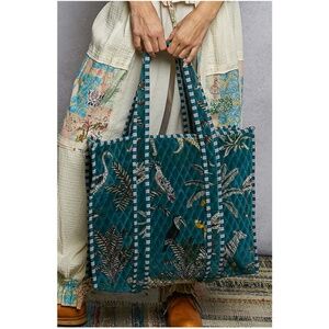 POL Teal Blue Animal Tropical Print Zip up Large Tote Bag